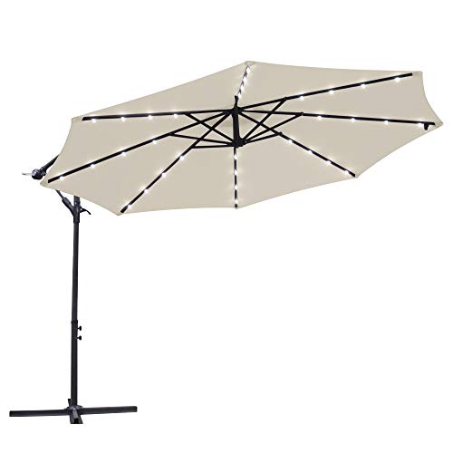Green Bay Garden Banana Parasol Solar LED Lights 3m Sun Shade Shelter Crank Hanging Rattan Cantilever Outdoor Umbrella Cream
