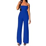 ECHOINE Women Bodycon Tube Top Wide Leg Jumpsuit Off Shoulder Long Pant Romper Blue S