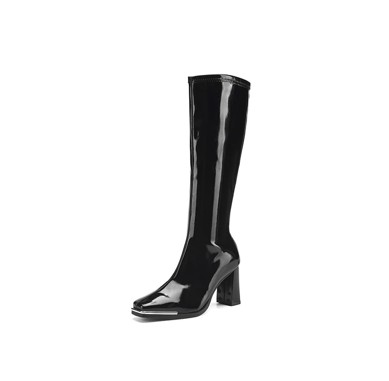 Womens Go Go Boots Knee High Block Heel Square Soft PU Leather Classic Fashion Dress Long Boots