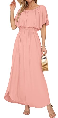 Image of AUSELILY Womens Off Shoulder Ruffle Split Summer Maxi Dresses with Pockets | Off-shoulder Ruffle dress with empire waist & side split for summer beach and casual parties