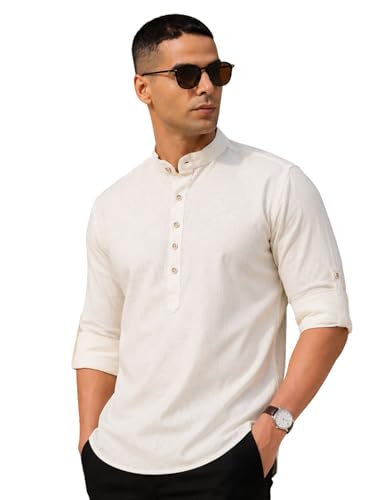 Image of Majestic Man Men's Pure Cotton Solid Mandarin Collar Slim Fit Roll-Up Sleeves Short Kurta Lightweight Summer Kurta for Daily & Occasion Use