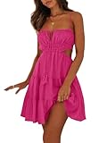 Wenrine Womens Summer Beach Mini Dress Adjustable Spaghetti Straps Sexy Backless Tiered Sleeveless Boho Dresses Hot Pink