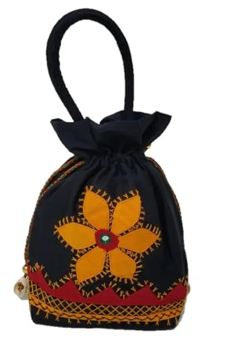 Sac à main broderie florale noir - Design traditionnel avec cordon de serrage