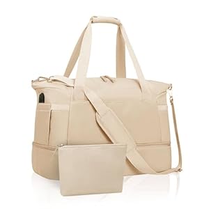 THE HIVE CO Weekender Bags for Women Travel Duffel Bag with USB Charging Port, Tote Bag with Shoe Compartment Gym Bag (Beige)