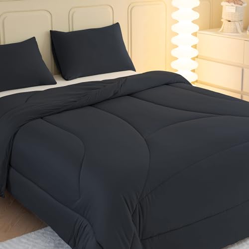 LETSLEEP Juego de edredón tamaño King negro, juego de ropa de cama de 3 piezas de diseño ergonómico con edredón suave y esponjoso para todas las estaciones, edredón esponjoso y 2 fundas de almohada,
