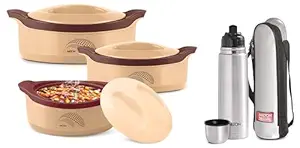 Milton New Marvel Jr Inner Steel Casserole Gift Set of 3, Brown & Milton Thermosteel Flip Lid Flask, 500 milliliters, Silver