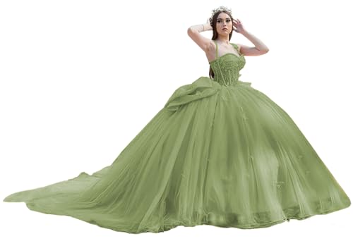 BESELE Spaghetti Straps Puffy Quinceanera Dress Sage Prom Dress Big Puffy Dress for Sweet 16 Plus Size Ball Gown Princess Dress Elegant 24
