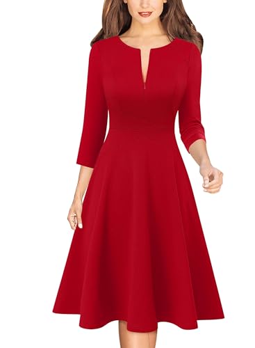 VFSHOW Womens Work Business Front Zipper A-Line Dresses Slim 3/4 Sleeve Office Church Fit and Flare Skater Swing Knee Length Dress (Red, X-Small) 11248 RED XS