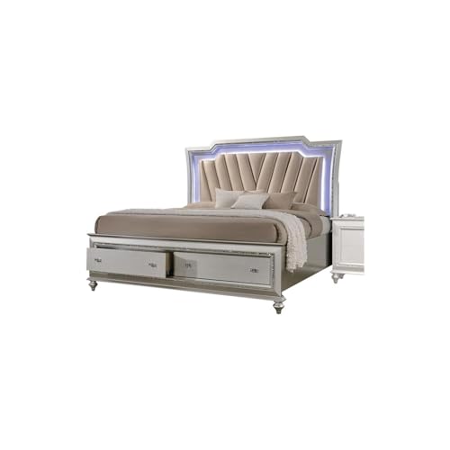 HomeStock Mountain Lodge Queen Bed in PU and Champagne with 91' x 67' x 69'H Lighting Headboard...