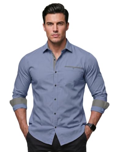 Image of Men's Cotton Blend Shirt with Solid Long Sleeves Spread Coller Neck Regular Fit Single Chest Pocket and Standard Length | Cotton Casual Shirt for Man