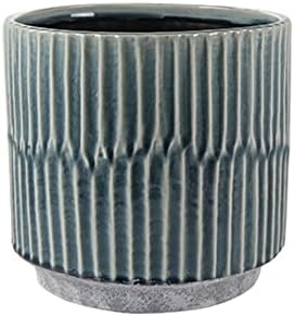 Ivyline Blue Round Onno Planter - Stylish & Waterproof - Durable Contemporary Ridge Finish Glazed Decorative Indoor Ceramic Flower Pot - H25cm x D25cm