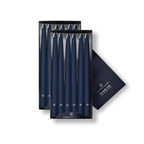 Image of Colonial Candle Indigo Blue Taper Candles Hand Dipped - 12 inch Tall Candlesticks - Dripless, Unscented - Candles For Birthdays, Celebrations, 12 count (Pack of 1)