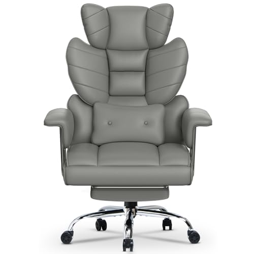 naspaluro Bürostuhl mit Fußstütze, Ergonomischer Schreibtischstuhl mit Zusätzlichem Lordosenstützkissen, Großer Chefbürostuhl aus PU-Leder mit Hoher Rückenlehne, Computerstuhl für Homeoffice, Grau