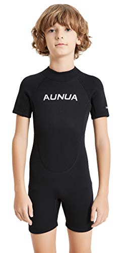 Aunua Children's 3Mm Youth Swimming Suit Shorty Wetsuits Neoprene For Kids Keep Warm(7035 Black 12) #TOP1
