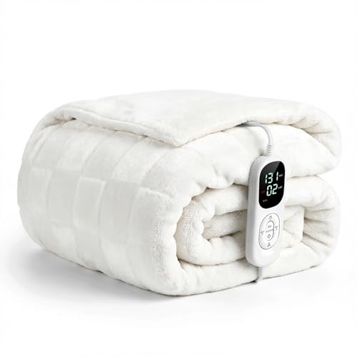 Image of IUUI Heated Blanket Electric Throw Checkered- 50x60 Inches Soft Flannel Heating Blanket,Fast Heating Blanket 6 Heating Levels & 2 Hours Auto Off ETL Certification (Cream White)