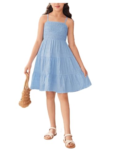 WDIRARA Girl's Summer Ruched Shirred Ruffle Hem A Line Cami Dress High Waist Flared Solid Short Dresses