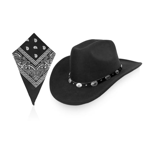 1 chapéu de feltro de cowboy de asa larga e 1 cachecol quadrado multifuncional, chapéus retro, acessórios de roupa, chapéus simples na moda, Preto, S-M