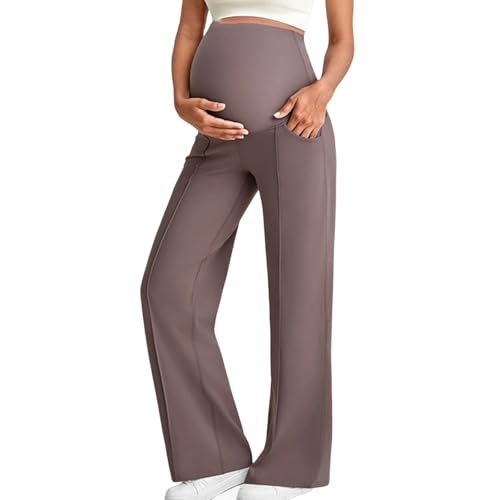 Xiaojmake Maternity Pants with Pockets Soft Pregnancy Maternity Leggings Stretchy Work Slack Over The Belly Lounge Trousers Brown