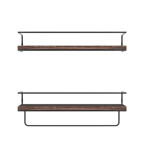 Image of Shario Rustic Wood Floating Shelves - Set of 2, Wall Mounted Hanging Shelves with Black Towel Rack, Decorative Storage Shelves for Bathroom, Kitchen, Living Room Bedroom (Dark Carbonized Brown).