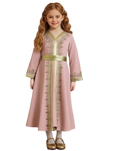 OBEEII Girls Muslim Ramadan Abaya Kids Long Sleeve V Neck Lace Prayer Dress Middle East Arabic Kaftan Dress with Belt Dubai Islamic Eid Church Robe Toddler Girl Muslim Clothes Pink 7-8 Years