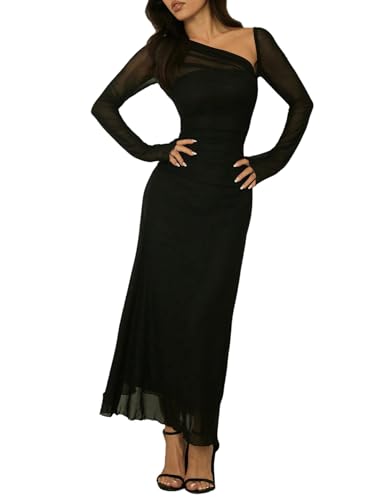 GORGLITTER Damen Figurbetontes Kleid Elegant Bodyconkleid Lang Partykleid Langarm Mesh Freizeitkleid Abendkleid Herbst Festival Outfit Schwarz S
