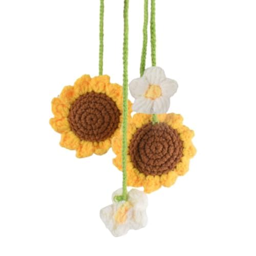 Handmade Crochet Sunflower Car Hanging - Aesthetic Daisy Rearview Mirror Ornament, Car Accessories for Women (1pcs)
