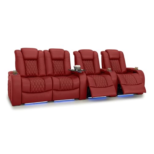Image of Seatcraft Diamante Red Italian Leather Home Theater Seating, Zero Gravity Power Recliner Gaming and Home Office Chair, Powered Headrest Lounge Sofa Furniture for Cinema Room, Row of 4 Left Loveseats