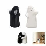 RyanDesign Salt and Pepper Shakers, Ceramic Ghost Design, Black and White Hugging Couple, Wedding Gifts, Kitchen Decor, Halloween, Refillable & Easy Use (Black & White)