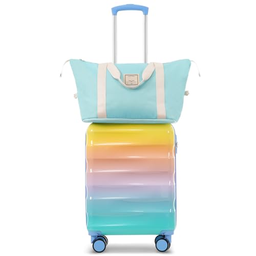 20" Carry-on Luggage with Cup Holder – Lightweight Glossy Hardshell Suitcases with Spinner Wheels, TSA Lock 2 Piece Set (Blue+Orange, 20")4