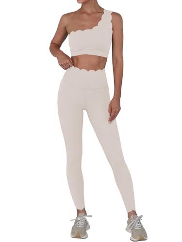 Fisoew Workout Sets for Women 2 Piece High Waisted Leggings with One Shoulder Stretchy Sports Bra Gym Tracksuits
