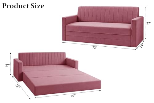 Image of Modern Velvet 3 Seater Sofa Cum Bed with Armrest, Convertible Sleeper Couch Sofa for Living Room, Bedroom & Office - Rose Pink Color