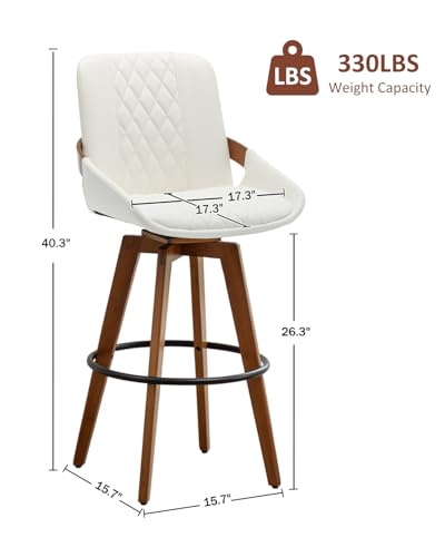 Image of AQG Counter Height Bar Stools Set of 6, Mid Century Modern Bar Chairs Swivel with Back, Faux Leather Upholstered Barstools Walnut Wood Frame for Kitchen Island (White, 26 Inch - 6 PCS)
