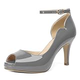AUMOTED Adjustable Buckle Stiletto Heels Non-Slip Platform Pumps for Women Peep-Toe Wedding Shoes with 3.4" Heel Grey Patent US Size 7