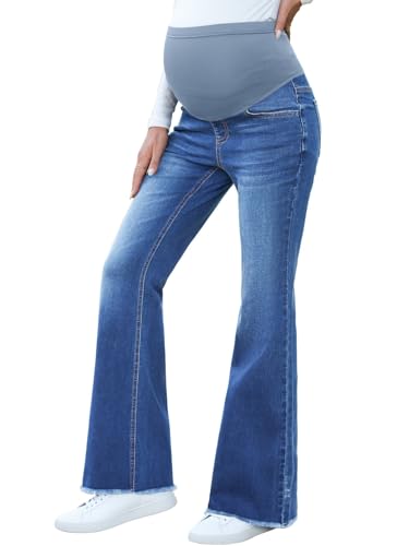 Image of BLENCOT Maternity Jeans for Women Over Belly Pregnancy Pants Comfy Pregnant Jeans Flare Denim Jeans with Pockets