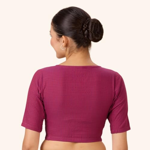 Image of Studio Shringaar Women Cotton Half Sleeve Madras Checks Saree Blouse with Stretchable Sides
