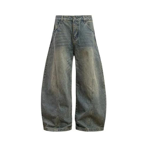 Men’s Curved Knife Design Washed Jeans, Loose Fit, Vintage Straight Leg, Distressed Denim Trousers2