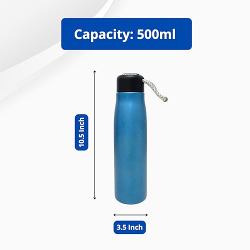 Image of SuperGeneriX 500ml Stainless Steel Water Bottle with Carry Rope, Leak Proof Insulated Thermosteel Water Bottle, Matte Finish Drinking Bottle for Office, Gym & Travel (Blue)