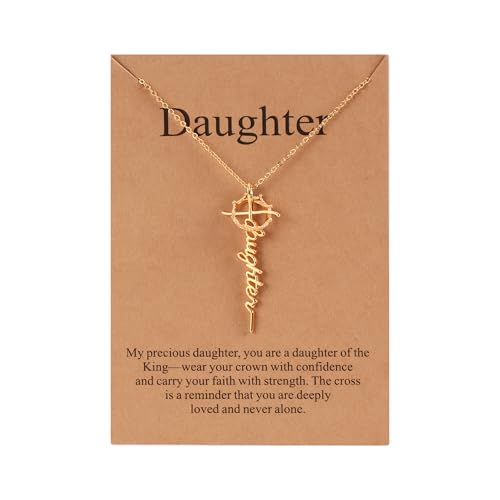 Lcherry Daughter Gifts from Mom Daughter Cross Crown Necklace for Women Religious Jewelry Christian Baptisms Gifts 18K Gold-plated
