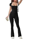 Yeshape One Piece Body Suit Flare Leg Bodysuit for Women Unitard for Women Full Length Romper Playsuit Square Neck Jumpsuit (Black Short Sleeve L)