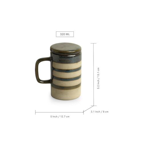 Image of ExclusiveLane 'Teal Stripes' Ceramic Green Tea & Coffee Mug with Lid (Non Air-Tight, 320 ml, Microwave Safe)|Hand Glazed Ceramic Green Tea & Coffee Mug with Lid Drinkware Ceramic Green Tea Mug