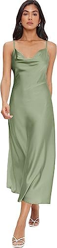 FloernsWomen's Spaghetti Strap Cowl Neck Long Slip Satin Silk Midi Dress