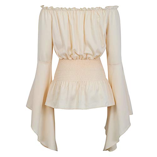 Womens Long Sleeve Off Shoulder Tops Renaissance Pirate Shirt Gothic Peasant Blouse Summer Smocked Top Beige, XS