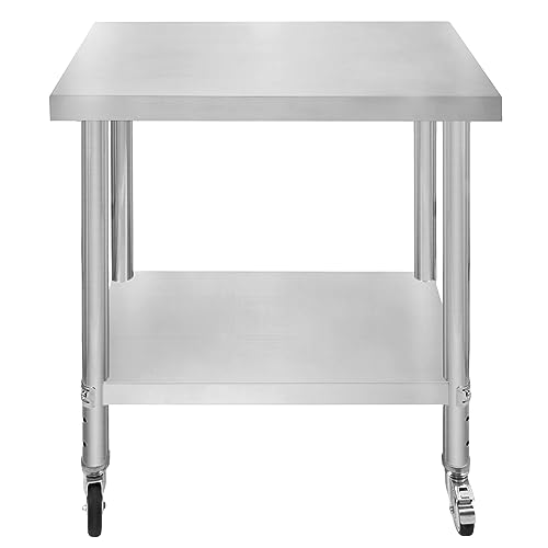 KuKoo Catering Work Bench Table Stainless Steel Food Prep Kitchen Mobile 4 x Castor Wheels With 2 Brakes & 4 Adaptable Feet Adjustable Lower Shelf 3 Positions 160kg Load Capacity 76cm x 45cm x 86cm