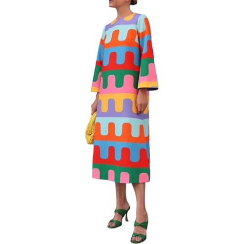 Women's Colorful Geometric Print Midi Dress 2026 Spring Fashion Bold Vibrant Multicolor Versatile Casual Wear Dress