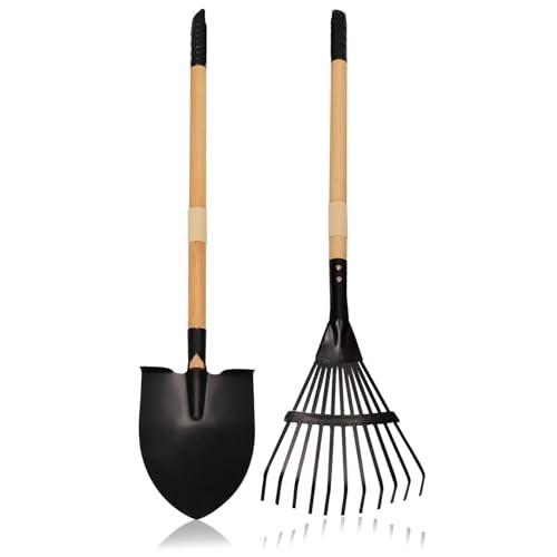 Kids Garden Tool Set, 2-Piece Rake and Shovel with Wooden Handles, 28 Inch Long, Black Metal Gardening Tools for Boys and Girls Digging Sand, Outdoor Toy Gifts for Sandbox
