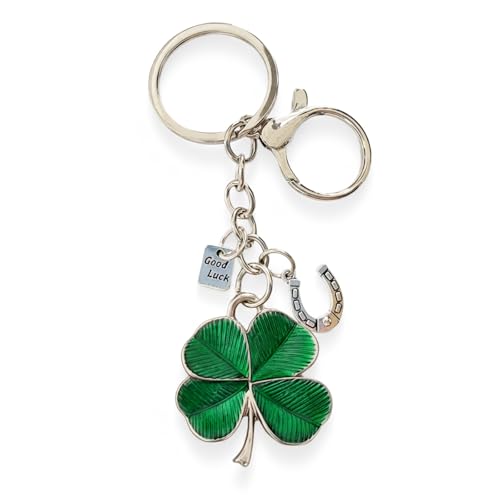 aiviwiai Lucky Four Leaf Clover Keyring with Horseshoe Charm - Green Enamel Shamrock & Good Luck Tag Keychain - Thoughtful Gift for Driving Test Exams Graduation Wedding Favours (1 Pack)