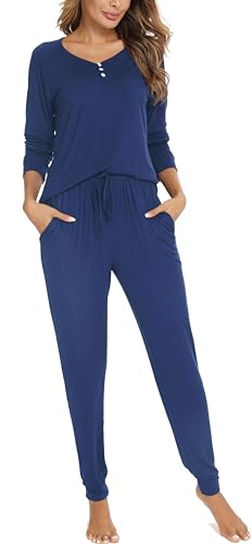 Image of Vlazom Pyjamas Set for Women, Super Soft Pj's Sets Long Sleeve Tops and Pants Ladies Pyjamas Set with Pockets,A-Cobalt Blue,XL
