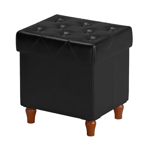 Image of CAROLMADE Folding Storage Ottoman Cube PU Leather Footstool with Wood Legs Ottoman Footrest for Living Room and Bedroom Black, 15x12.6 x 15.4 inch