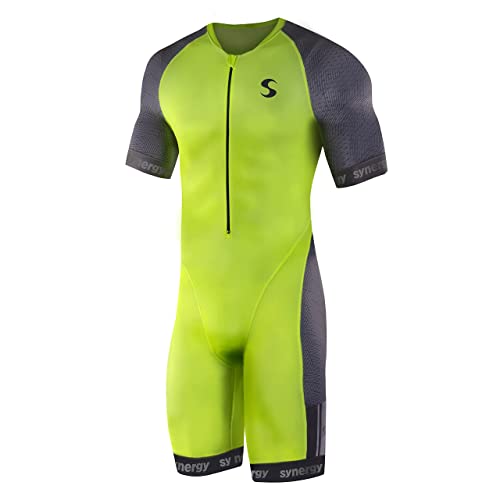 Synergy Triathlon Tri Suit - Men's Elite Short Sleeve Trisuit Cycling Skinsuit (Neon Lime/Steel, Large)