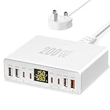 YSYFAD 200W USB C Charger 8-Port with LED Display, USB Charging Station GaN Multiport Fast Charger PD QC 3.0 PPS USBC Charging Hub Compatible with iPhone Samsung MacBook Laptop Pad, White